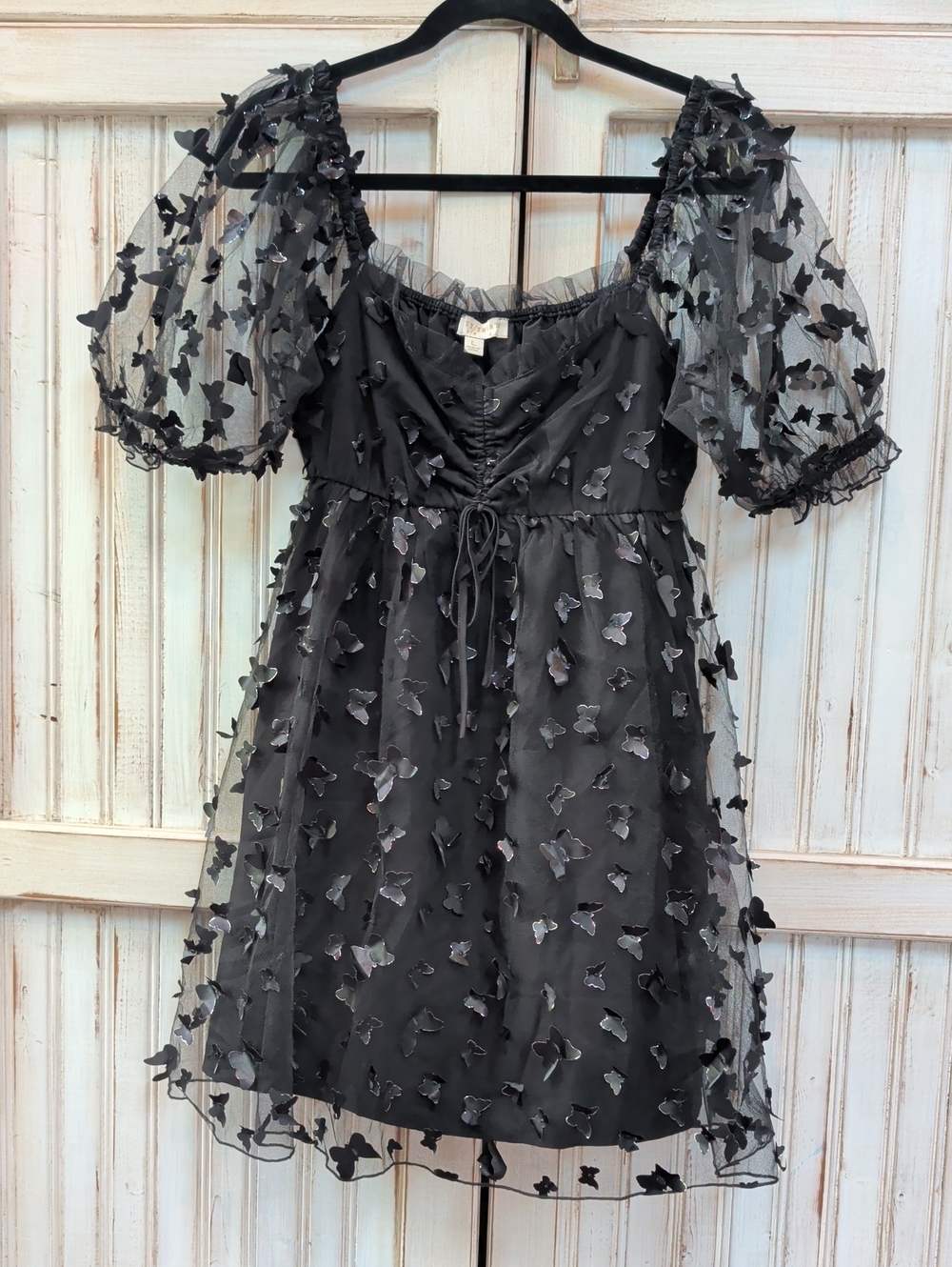 Thirty Thirty LA, Black Butterfly Embossed Baby Doll Mini Dress. Size Large